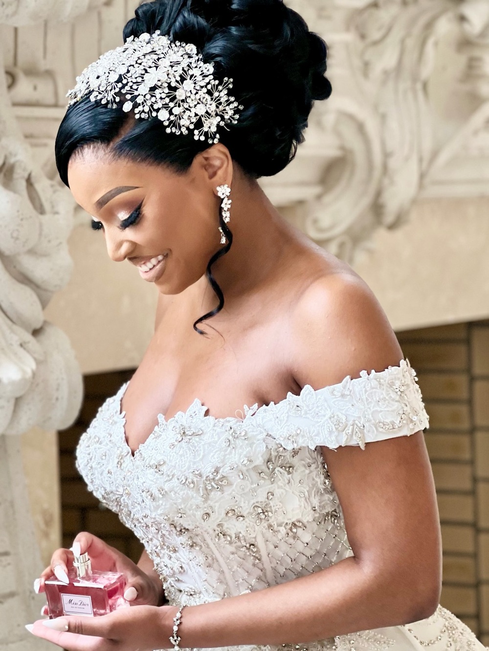 Ysa Makino White Off-Shoulder Beaded Wedding Gown